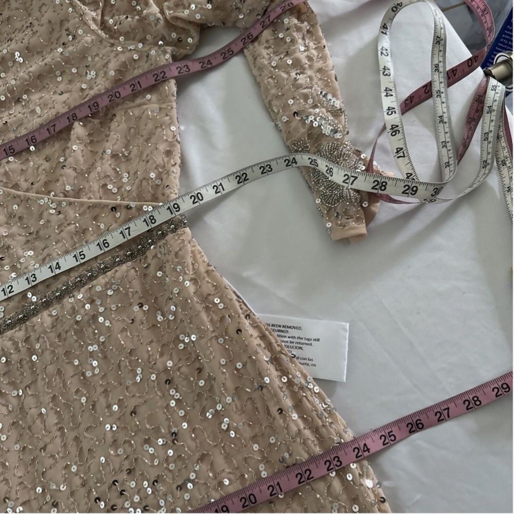 NEW $598 Mac Duggal [ 16 ] Sequin Floral Embellished Long Sleeve‎ Gown Nude - Picture 3 of 16
